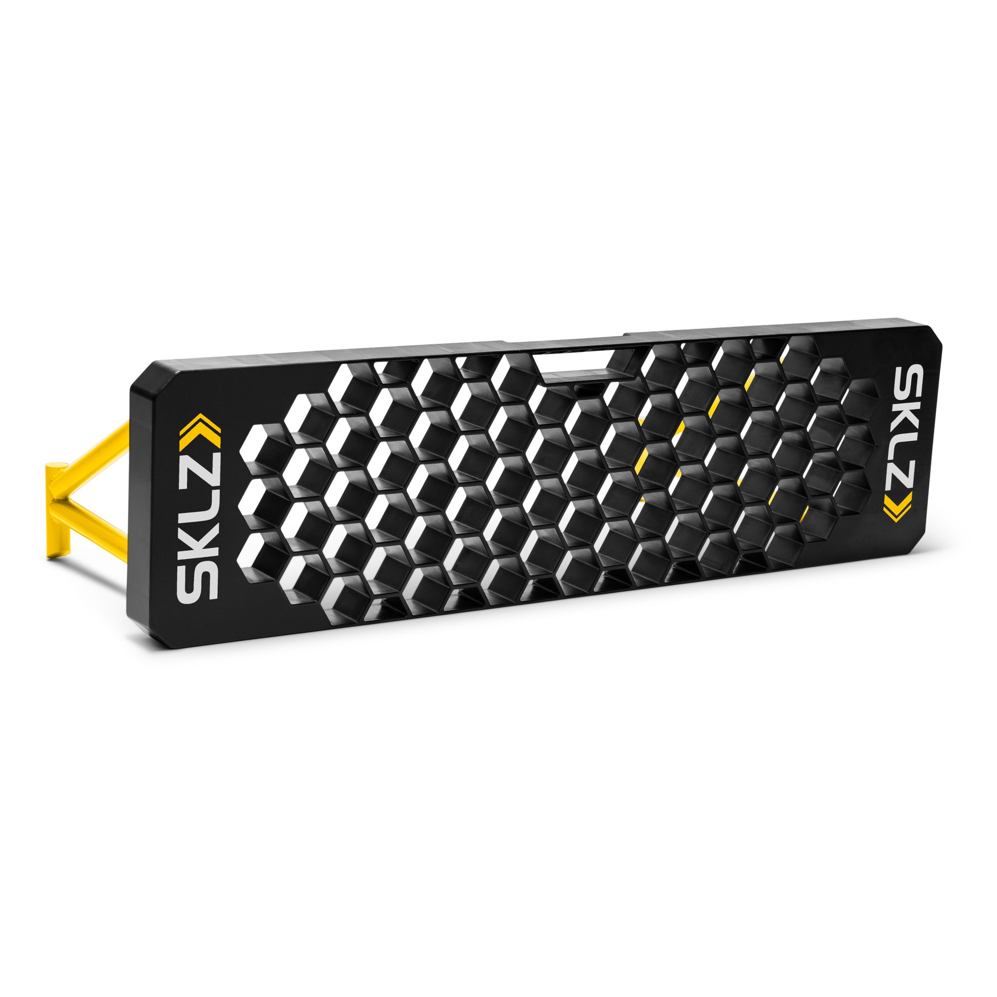 A black skateboard with honeycomb cutouts and yellow wheels on a white background.