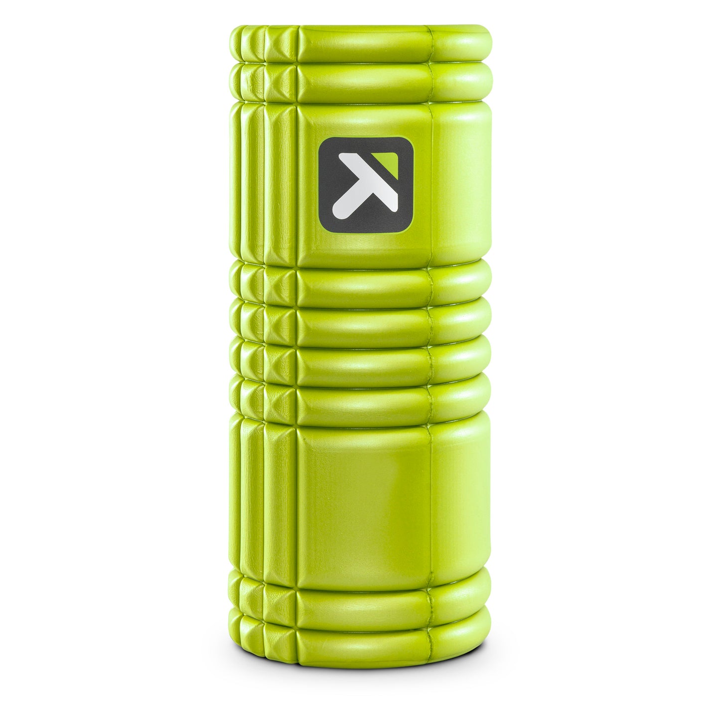 A green foam roller supports a logo on a white background.