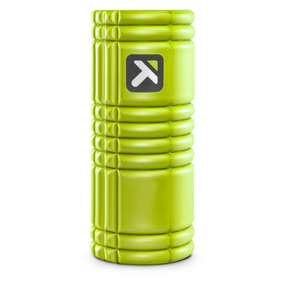 A green foam roller supports a logo on a white background.