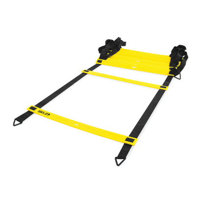 A yellow and black rescue stretcher is laid flat on a white background