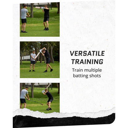 People practicing batting skills on a golf course with a sign promoting training drills