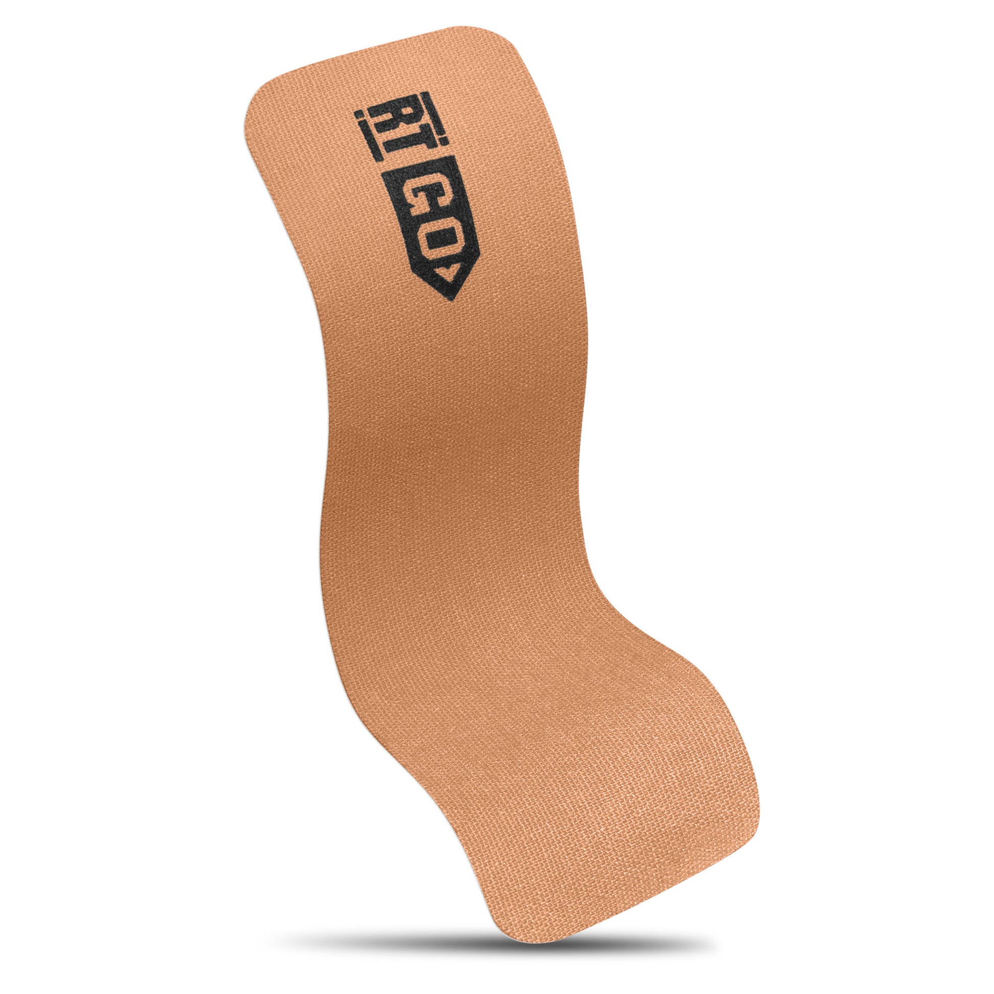 A tan sock with black text standing upright on a white background.